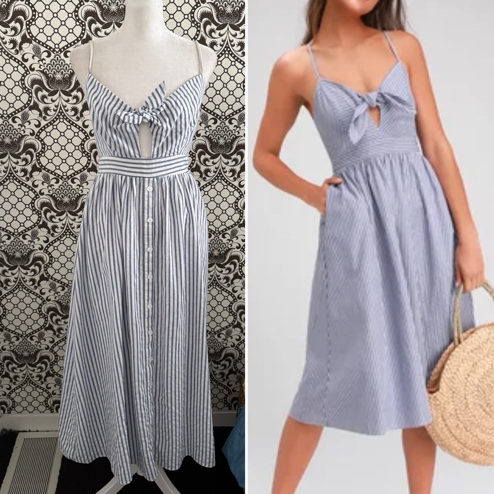LULU’s ✨ Stripe tie front spaghetti strap Oxford Shirt Dress
